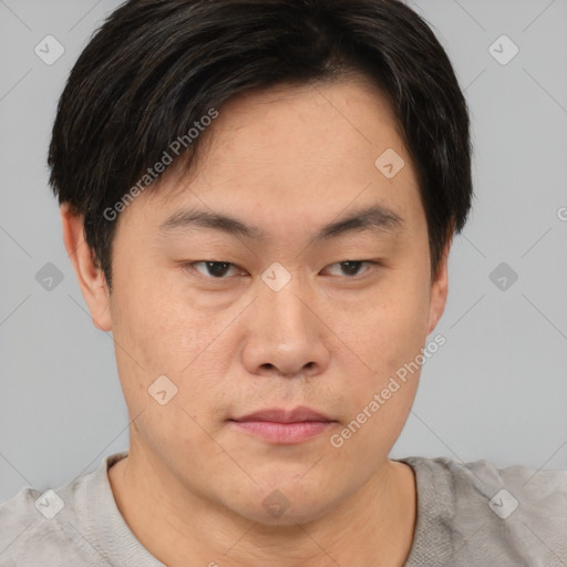 Neutral asian young-adult male with short  brown hair and brown eyes