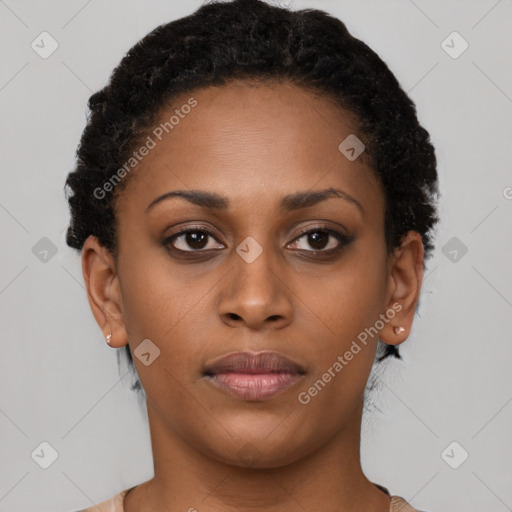 Neutral black young-adult female with short  brown hair and brown eyes