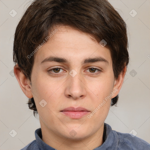 Joyful white young-adult male with medium  brown hair and brown eyes