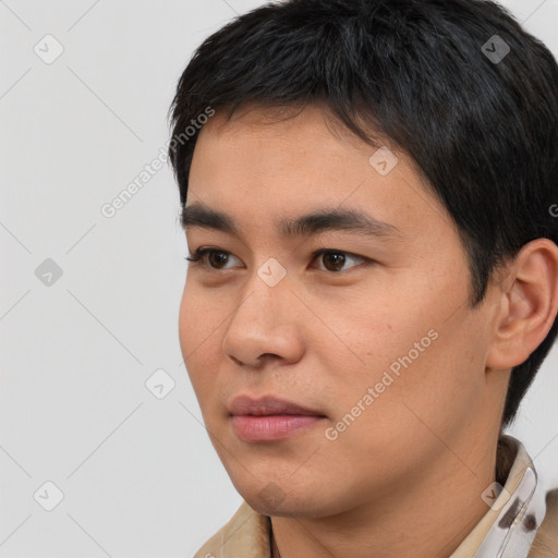 Neutral white young-adult male with short  black hair and brown eyes