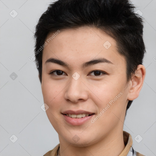 Joyful asian young-adult female with short  brown hair and brown eyes