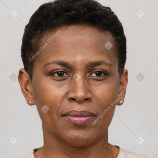 Joyful black adult female with short  brown hair and brown eyes