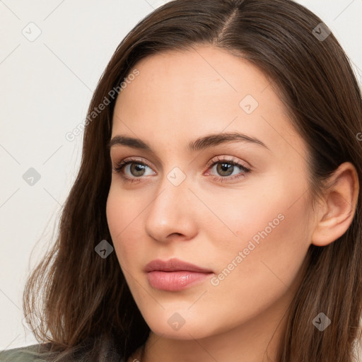 Neutral white young-adult female with long  brown hair and brown eyes