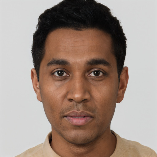 Neutral black young-adult male with short  black hair and brown eyes