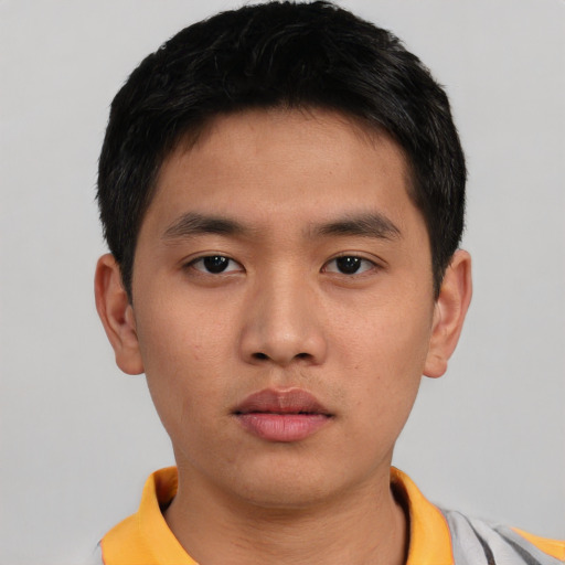 Neutral asian young-adult male with short  black hair and brown eyes