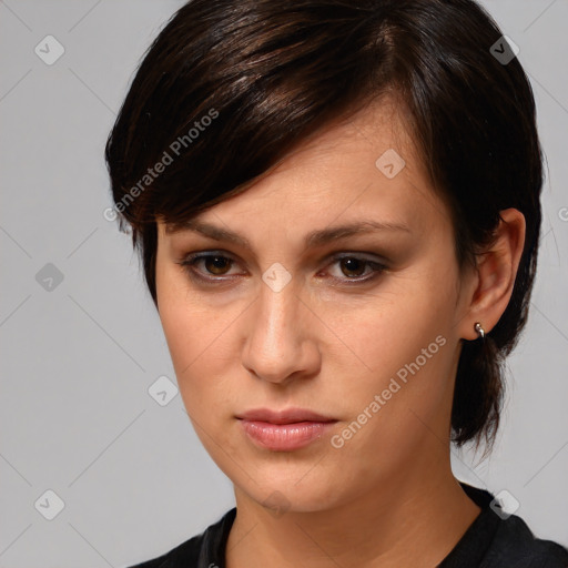 Neutral white young-adult female with medium  brown hair and brown eyes