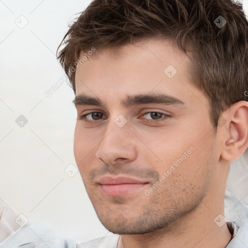 Neutral white young-adult male with short  brown hair and brown eyes