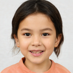 Joyful white child female with medium  brown hair and brown eyes