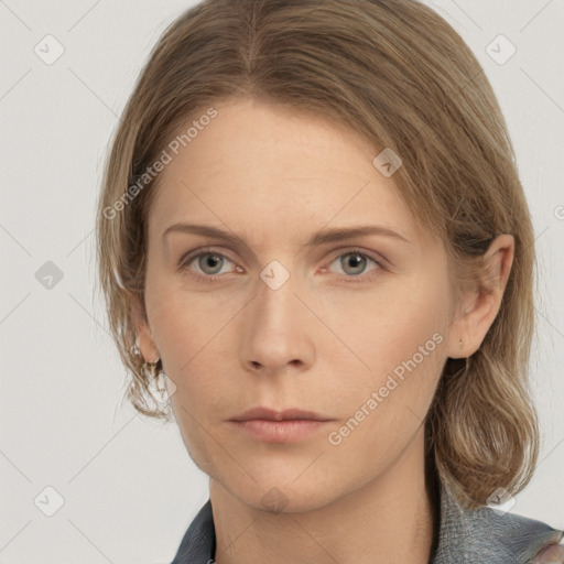 Neutral white young-adult female with medium  brown hair and grey eyes