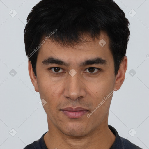 Neutral asian young-adult male with short  black hair and brown eyes