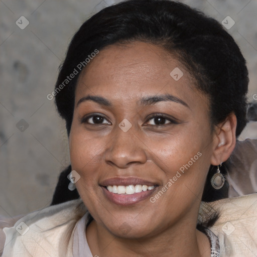 Joyful black young-adult female with medium  brown hair and brown eyes