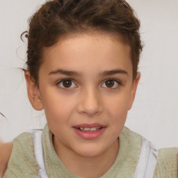 Joyful white child female with short  brown hair and brown eyes