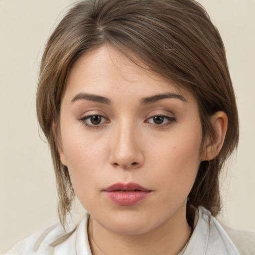 Neutral white young-adult female with medium  brown hair and brown eyes