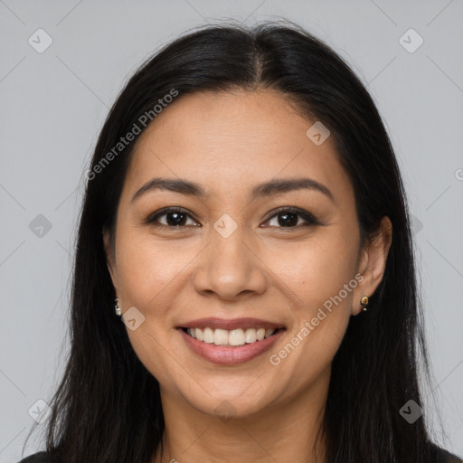 Joyful white young-adult female with long  brown hair and brown eyes