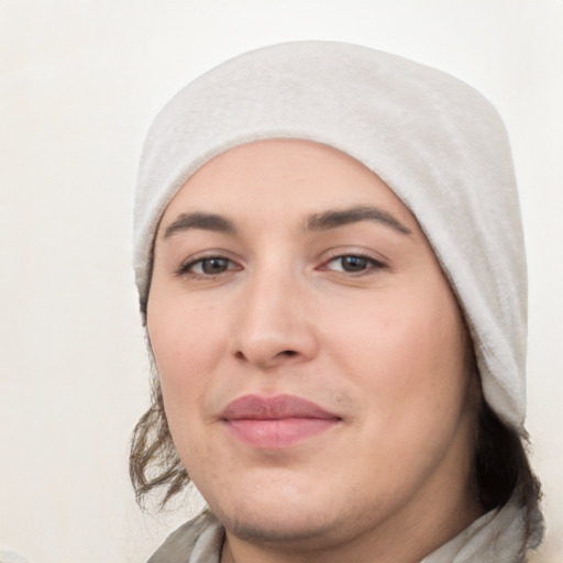 Joyful white young-adult female with short  black hair and brown eyes