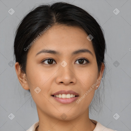 Joyful asian young-adult female with medium  brown hair and brown eyes