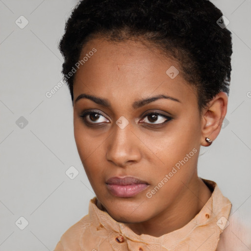 Neutral black young-adult female with short  brown hair and brown eyes