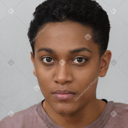 Neutral black young-adult female with short  black hair and brown eyes