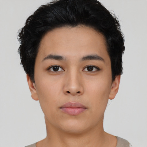 Neutral asian young-adult female with short  black hair and brown eyes