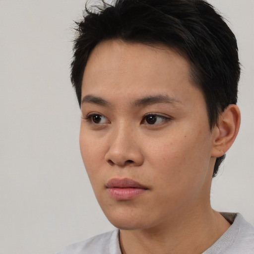 Neutral asian young-adult female with short  black hair and brown eyes