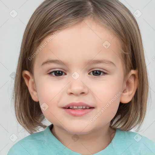 Joyful white child female with medium  brown hair and brown eyes