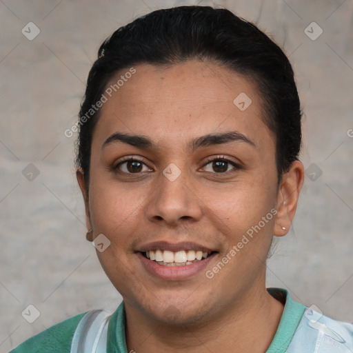 Joyful white young-adult female with short  brown hair and brown eyes