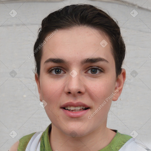 Joyful white young-adult female with short  brown hair and brown eyes