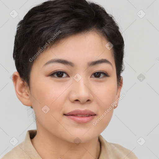 Joyful asian young-adult female with short  brown hair and brown eyes