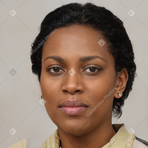 Neutral black young-adult female with short  black hair and brown eyes