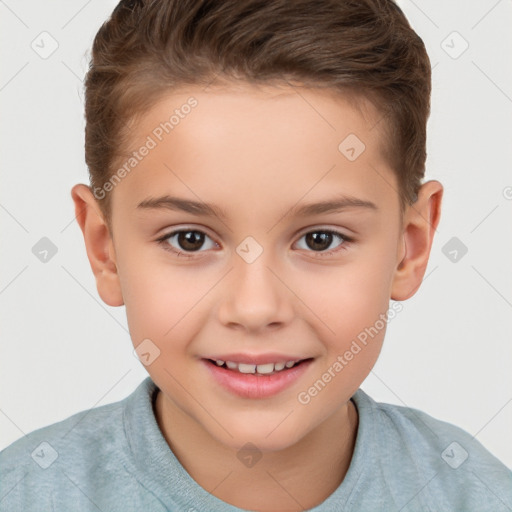 Joyful white child female with short  brown hair and brown eyes