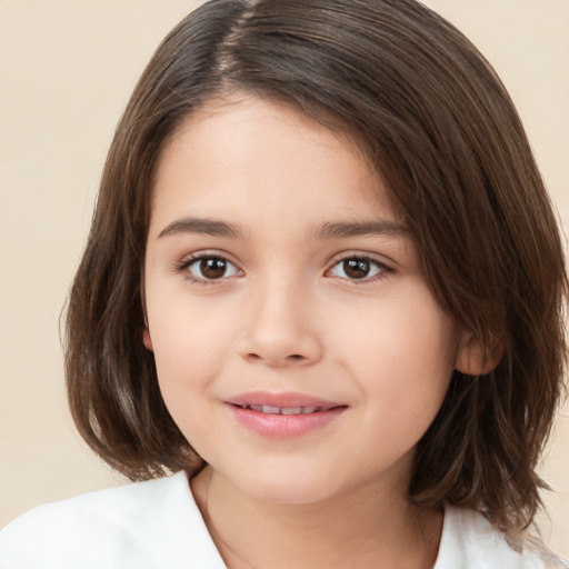 Joyful white child female with medium  brown hair and brown eyes