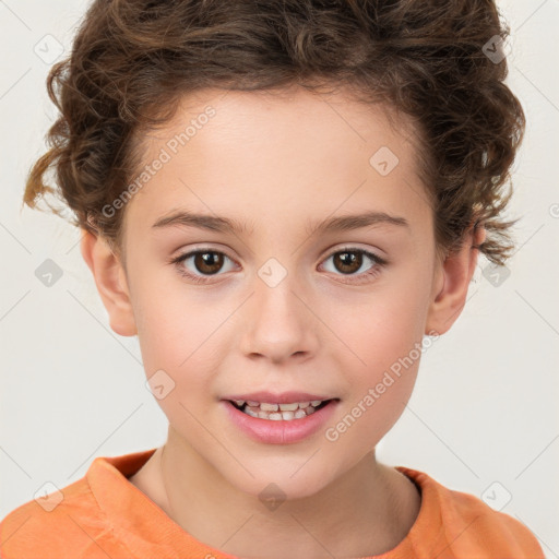 Joyful white child female with short  brown hair and brown eyes