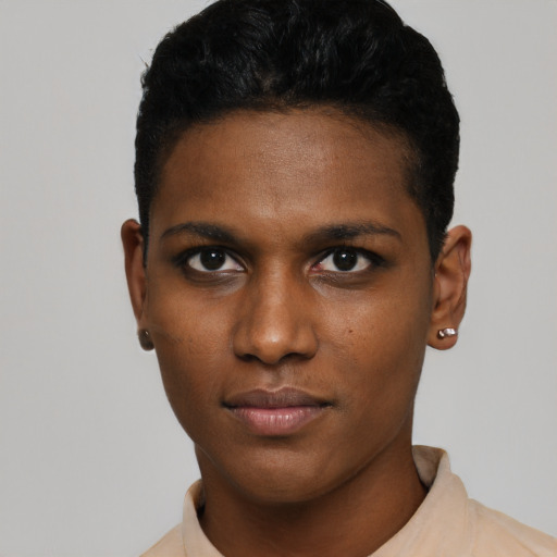Neutral black young-adult male with short  black hair and brown eyes
