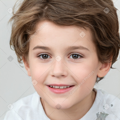 Joyful white child female with short  brown hair and brown eyes