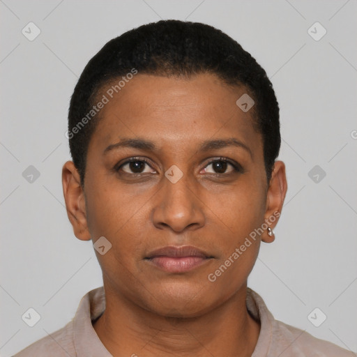 Neutral black young-adult female with short  brown hair and brown eyes