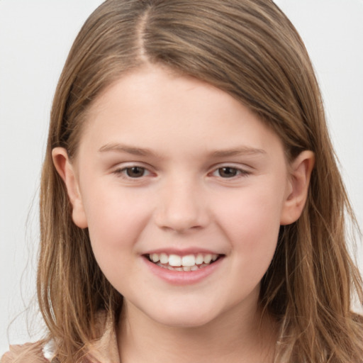 Joyful white child female with long  brown hair and grey eyes