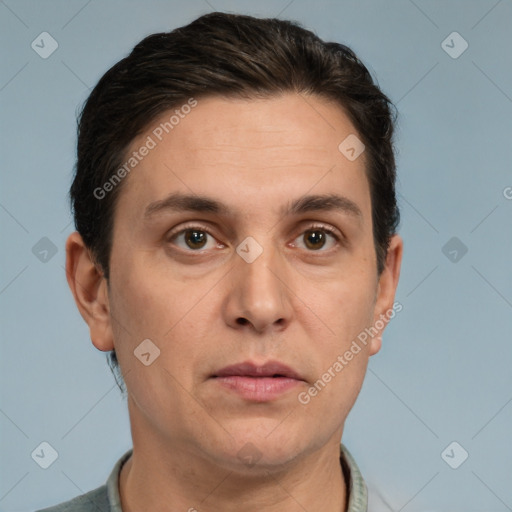 Neutral white adult male with short  brown hair and brown eyes