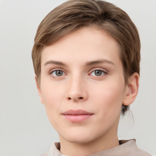 Neutral white young-adult female with short  brown hair and grey eyes