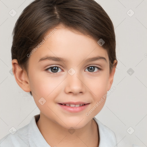 Joyful white child female with short  brown hair and brown eyes