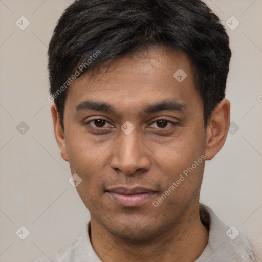 Neutral asian young-adult male with short  black hair and brown eyes