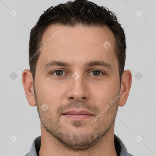 Neutral white young-adult male with short  brown hair and brown eyes