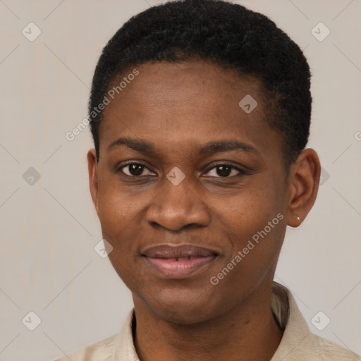 Joyful black young-adult female with short  brown hair and brown eyes