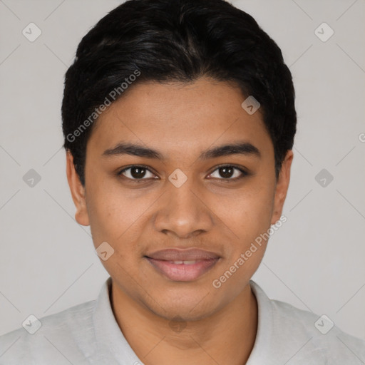 Joyful latino young-adult male with short  black hair and brown eyes