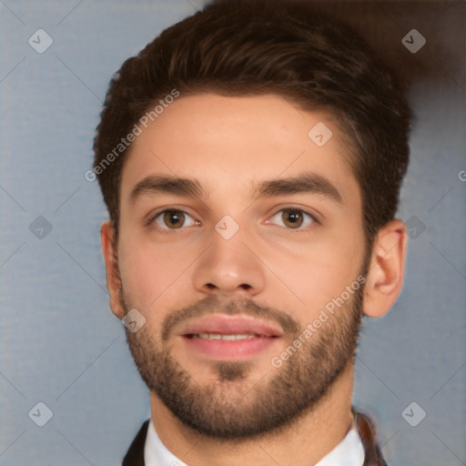 Neutral white young-adult male with short  brown hair and brown eyes