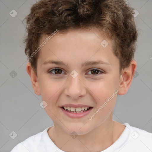 Joyful white child male with short  brown hair and brown eyes