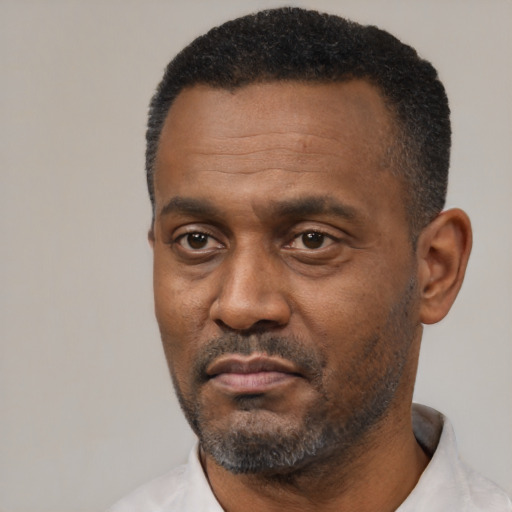 Neutral black adult male with short  black hair and brown eyes