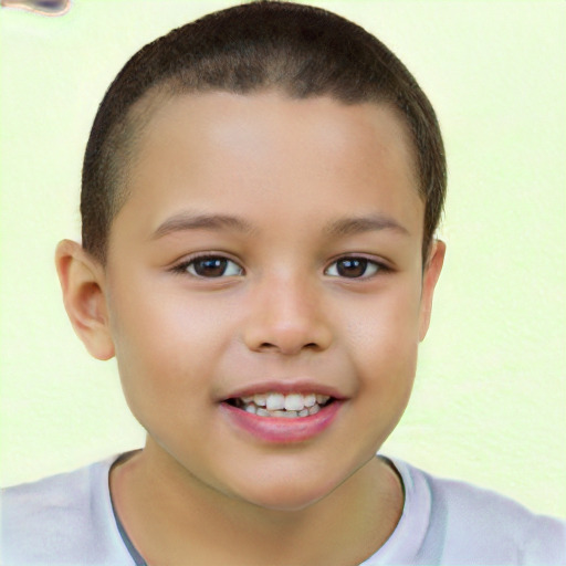 Joyful white child female with short  brown hair and brown eyes