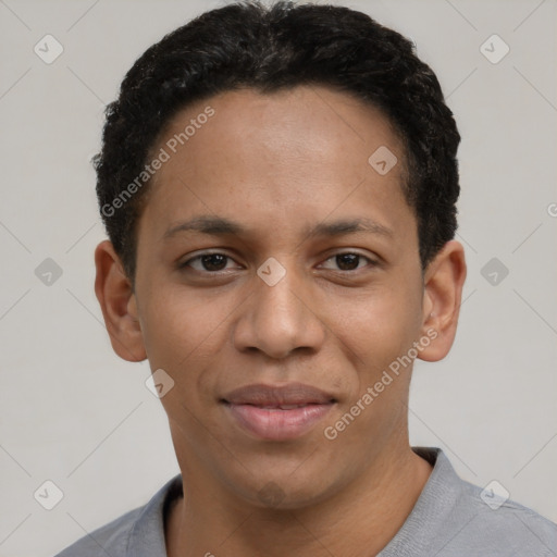 Joyful latino young-adult female with short  black hair and brown eyes