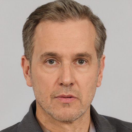 Neutral white middle-aged male with short  brown hair and brown eyes