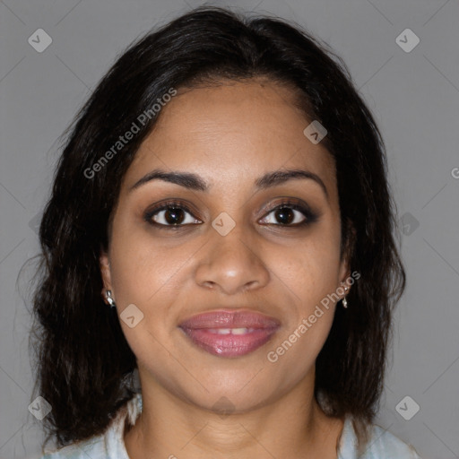 Joyful black young-adult female with medium  brown hair and brown eyes